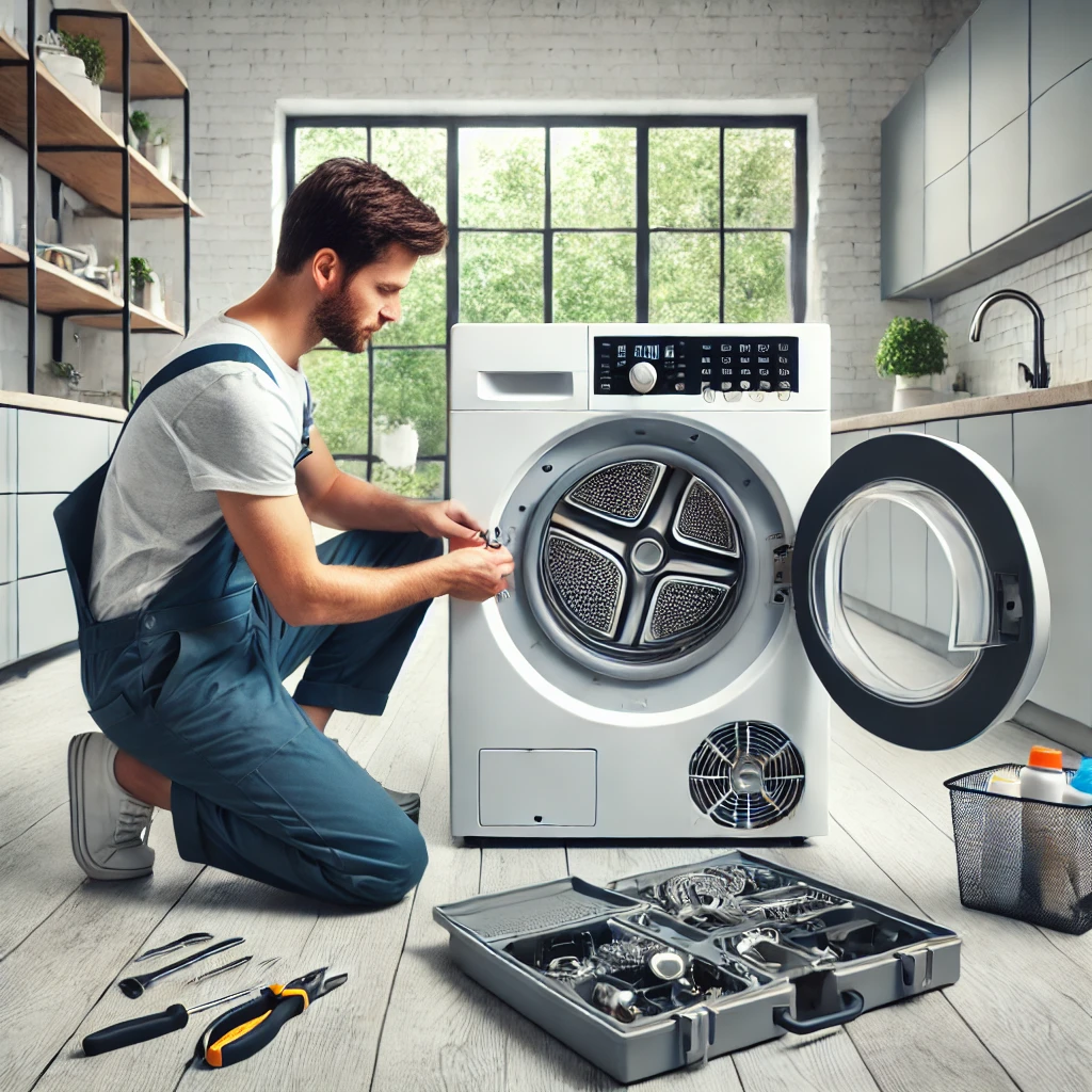 DALL·E 2024 10 24 23.17.06 A scene of a technician repairing an Electrolux clothes dryer kneeling in front of the dryer and focused on replacing a part from the back. The dryer