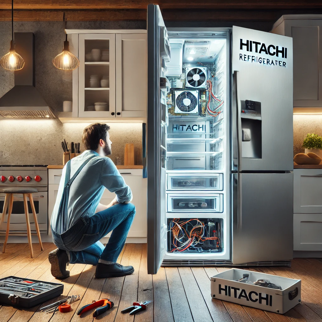 DALL·E 2024 10 24 23.21.19 A scene of a technician repairing a Hitachi refrigerator in a modern kitchen. The technician is standing next to the refrigerator with the doors open